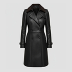 Women’s Double-Breasted Leather Coat | Plush-Lined Elegant Fit