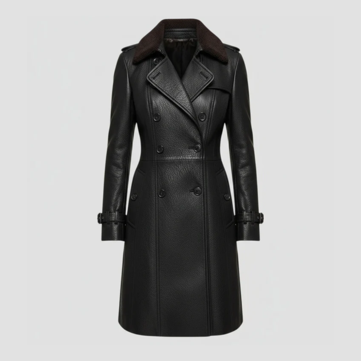 Women’s Double-Breasted Leather Coat | Plush-Lined Elegant Fit