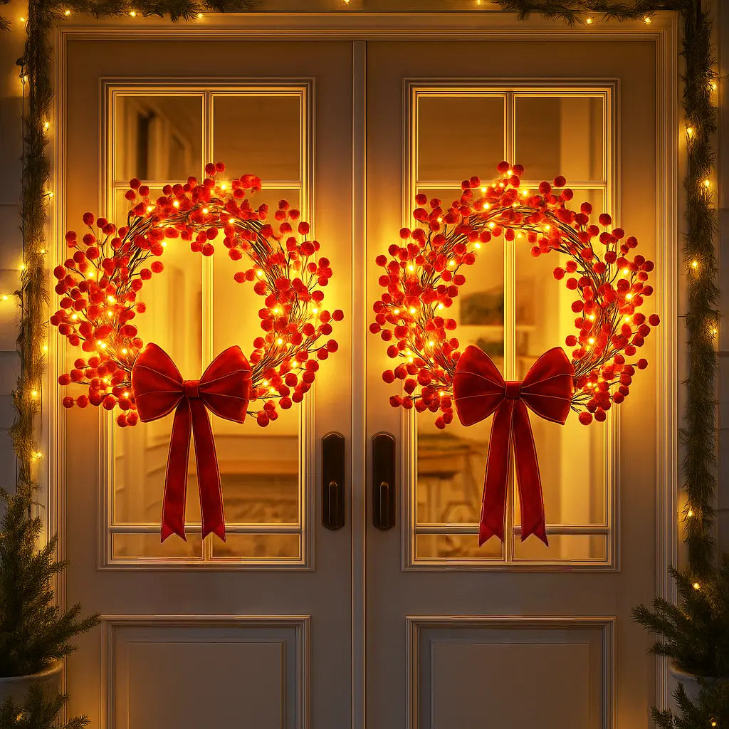 Christmas Wreath With Lights – Red Holly Berries and Warm Champagne Fairy Lights