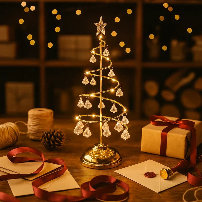 Christmas Table Lamp – Spiral Tree Design With Crystal-Look Ornaments