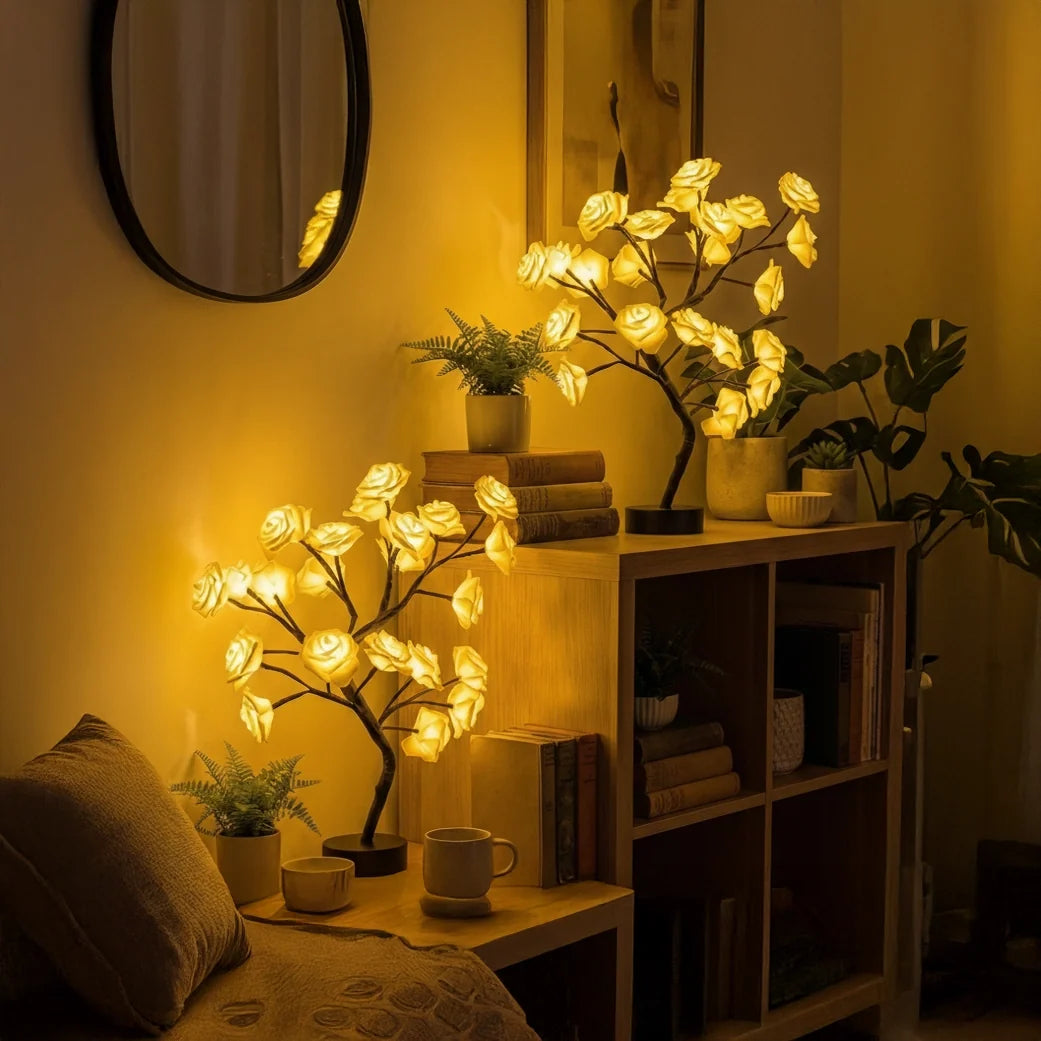 Rose Blossom Table Lamp – Small Light-Up Flower Tree for Shelf or Bedside