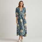 Blue Botanical Midi Dress | V-Neck, Long Sleeves & Relaxed Coastal Fit