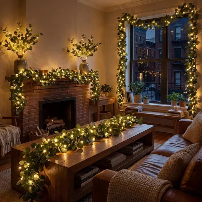 Olive Garland with Fairy Lights – Faux Leaf Vine for Shelves and Mirrors
