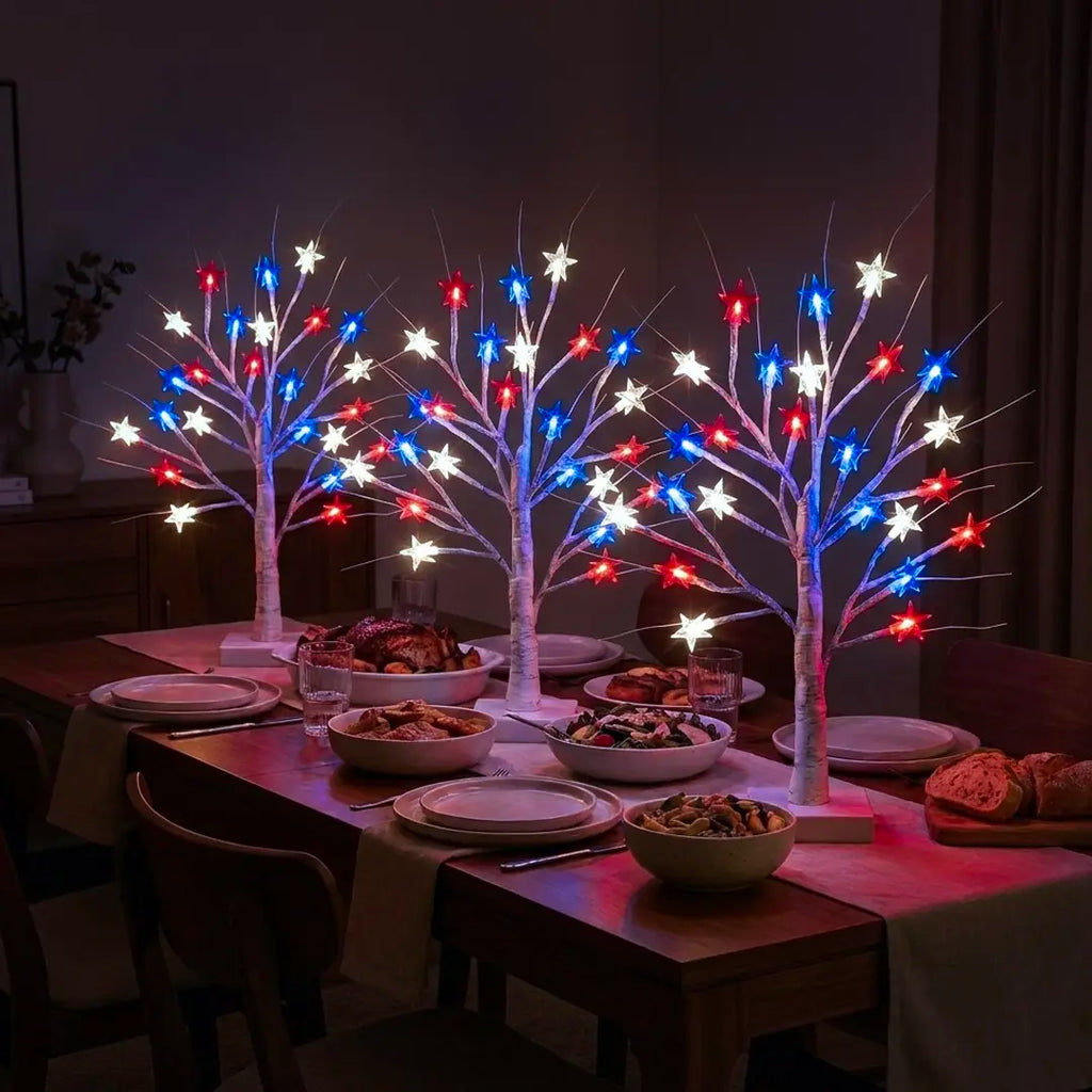 Star Tree Table Lamp – Birch-Look Branches With Red, White and Blue Lights