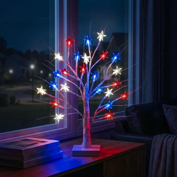 Star Tree Table Lamp – Birch-Look Branches With Red, White and Blue Lights