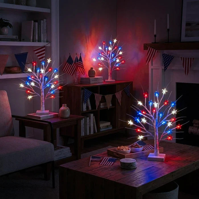 Star Tree Table Lamp – Birch-Look Branches With Red, White and Blue Lights