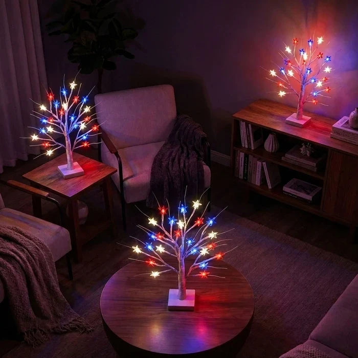 Star Tree Table Lamp – Birch-Look Branches With Red, White and Blue Lights