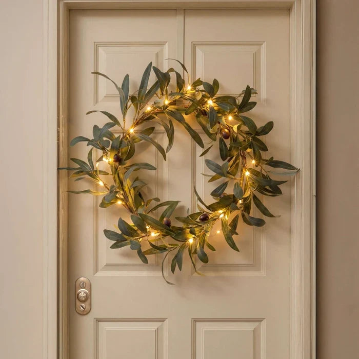 Olive Leaf Door Wreath – Gray-Green Foliage with Warm Lights for Every Season