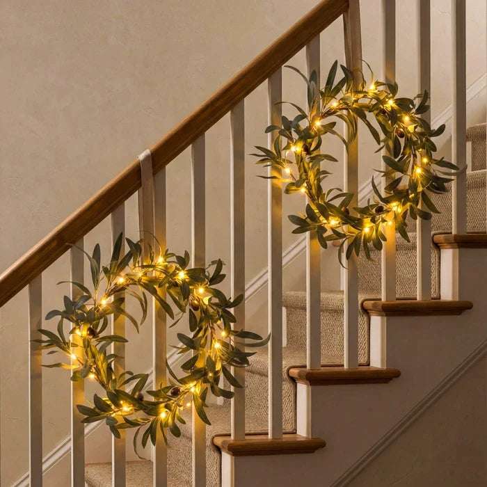 Olive Leaf Door Wreath – Gray-Green Foliage with Warm Lights for Every Season