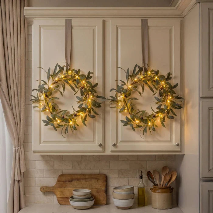 Olive Leaf Door Wreath – Gray-Green Foliage with Warm Lights for Every Season
