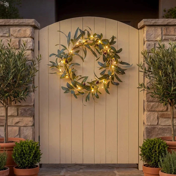 Olive Leaf Door Wreath – Gray-Green Foliage with Warm Lights for Every Season