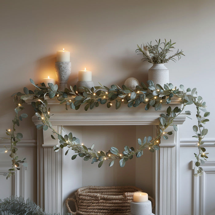 Olive Garland with Fairy Lights – Faux Leaf Vine for Shelves and Mirrors
