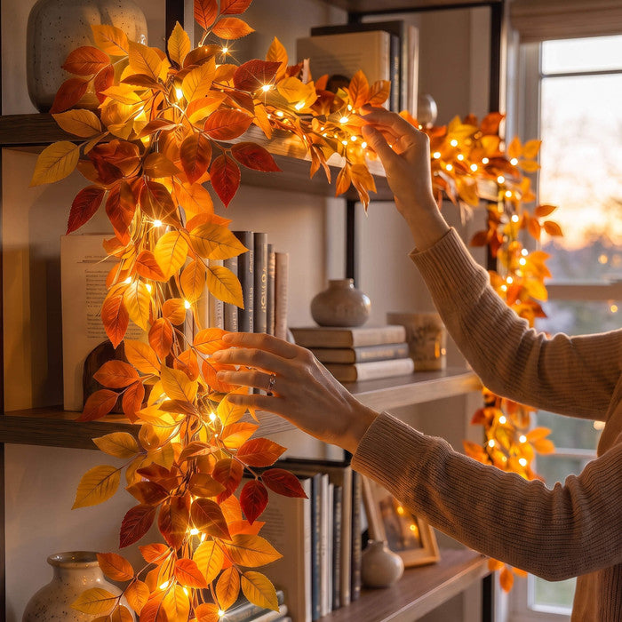 Leaf Garland with Lights – Bendable Faux Greenery with a Warm Champagne Glow