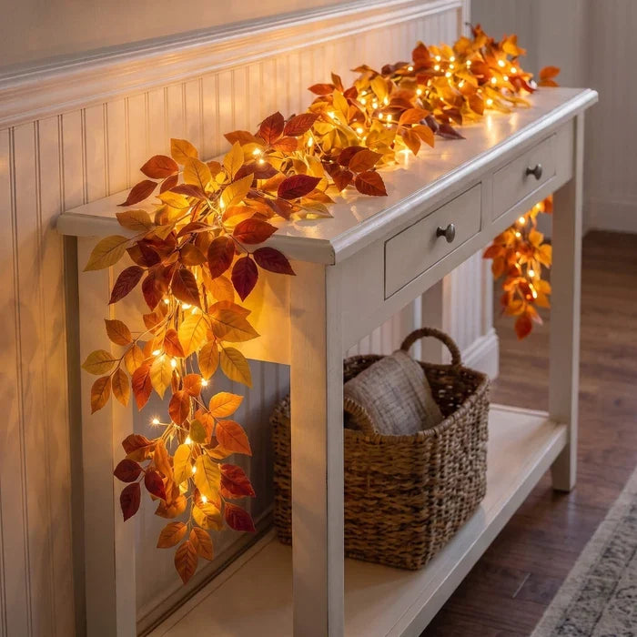 Leaf Garland with Lights – Bendable Faux Greenery with a Warm Champagne Glow