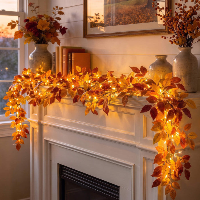 Leaf Garland with Lights – Bendable Faux Greenery with a Warm Champagne Glow