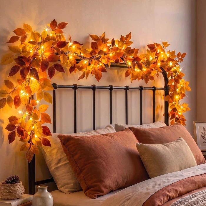 Leaf Garland with Lights – Bendable Faux Greenery with a Warm Champagne Glow