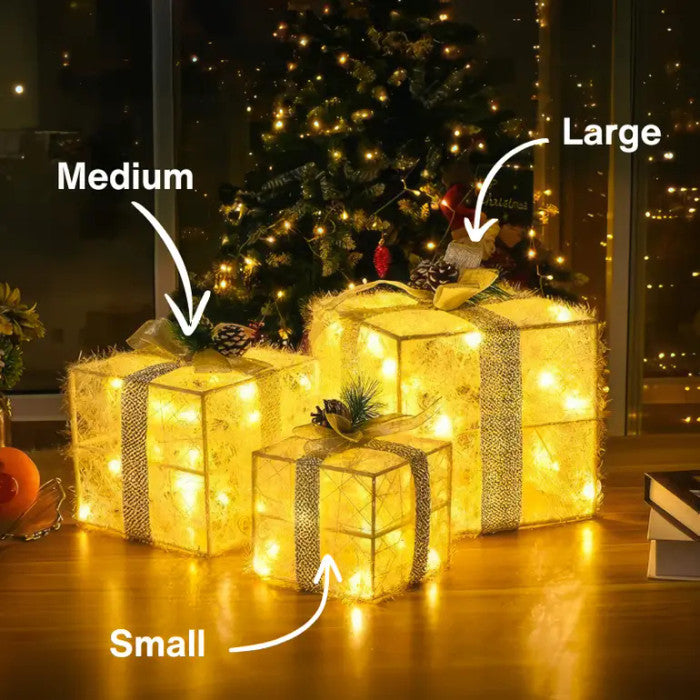 Light-Up Christmas Presents – Decorative Boxes with Pinecones and Frost