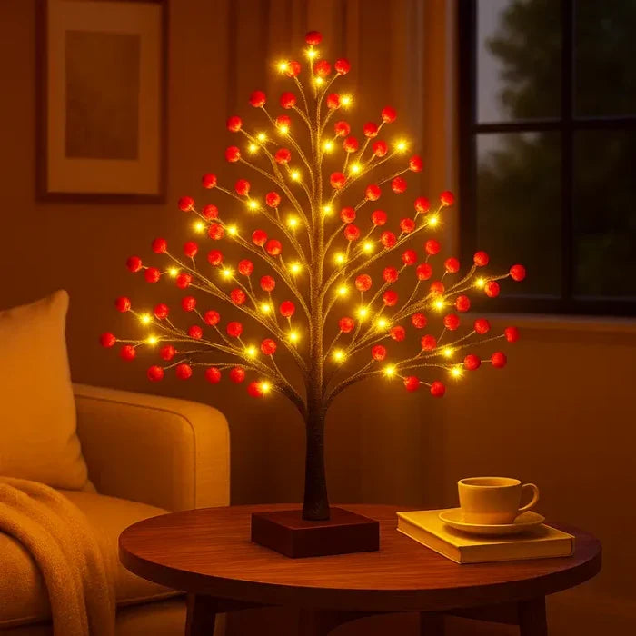Small Christmas Tree with Lights – Red Holly Berries for Mantels and Tables