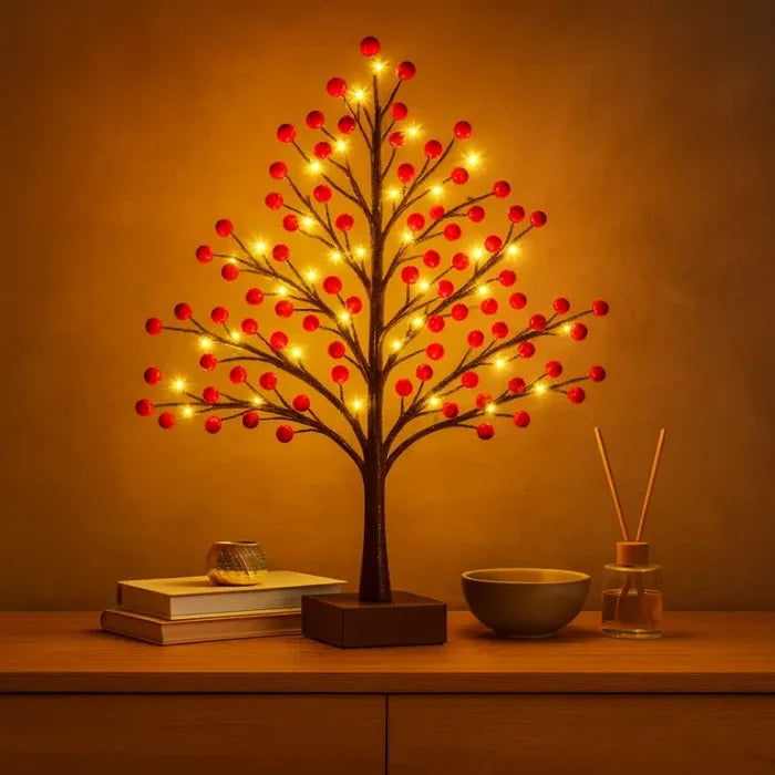 Small Christmas Tree with Lights – Red Holly Berries for Mantels and Tables