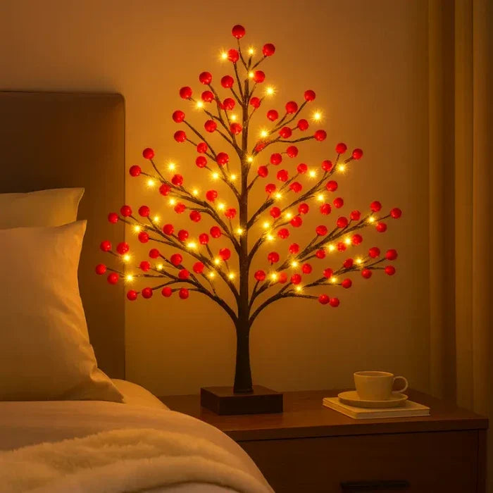 Small Christmas Tree with Lights – Red Holly Berries for Mantels and Tables