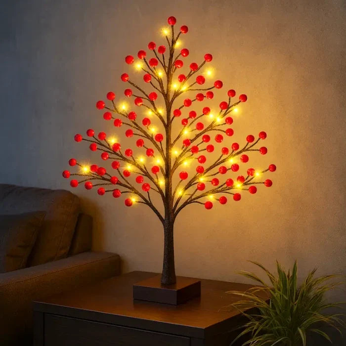 Small Christmas Tree with Lights – Red Holly Berries for Mantels and Tables