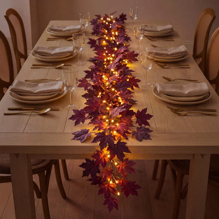 Fall Leaf Garland with Lights – Deep Red Maple Vine You Can Bend to Shape