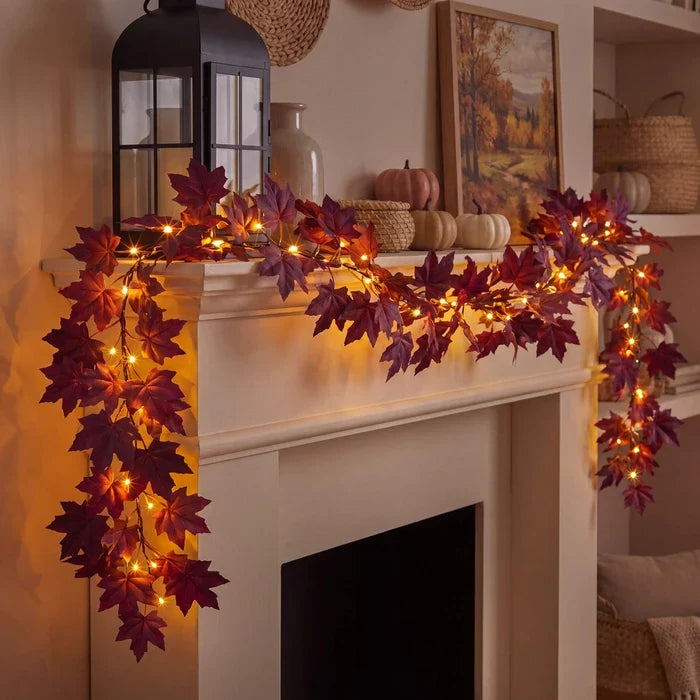 Fall Leaf Garland with Lights – Deep Red Maple Vine You Can Bend to Shape