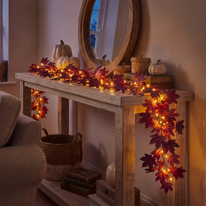 Fall Leaf Garland with Lights – Deep Red Maple Vine You Can Bend to Shape