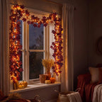 Fall Leaf Garland with Lights – Deep Red Maple Vine You Can Bend to Shape