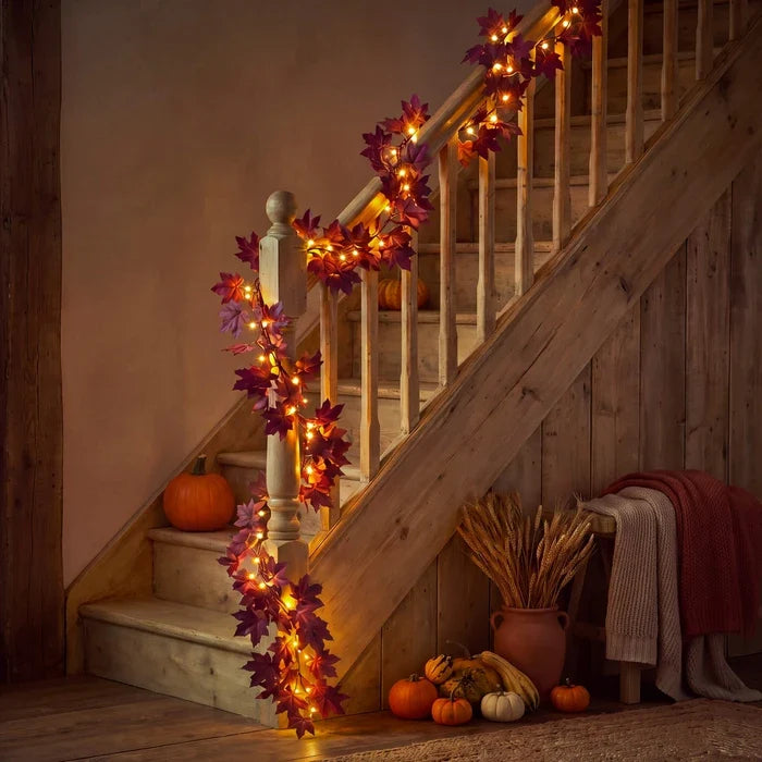 Fall Leaf Garland with Lights – Deep Red Maple Vine You Can Bend to Shape