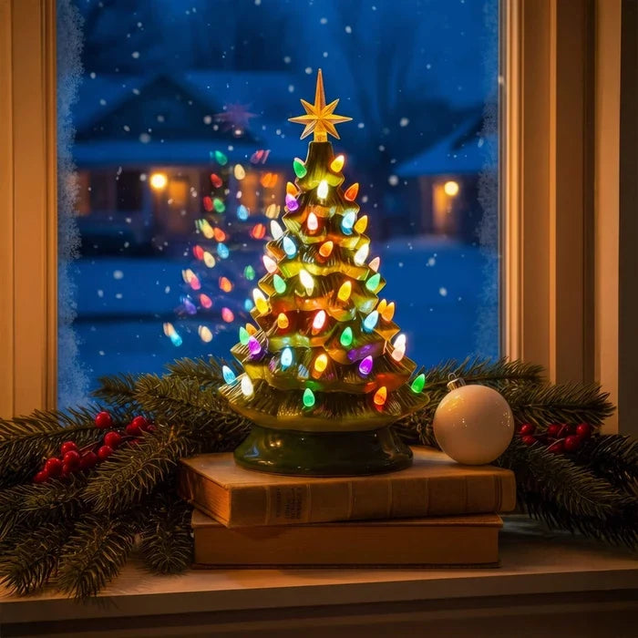 Tabletop Christmas Tree Light – Retro Sculpted Tree with a Star on Top