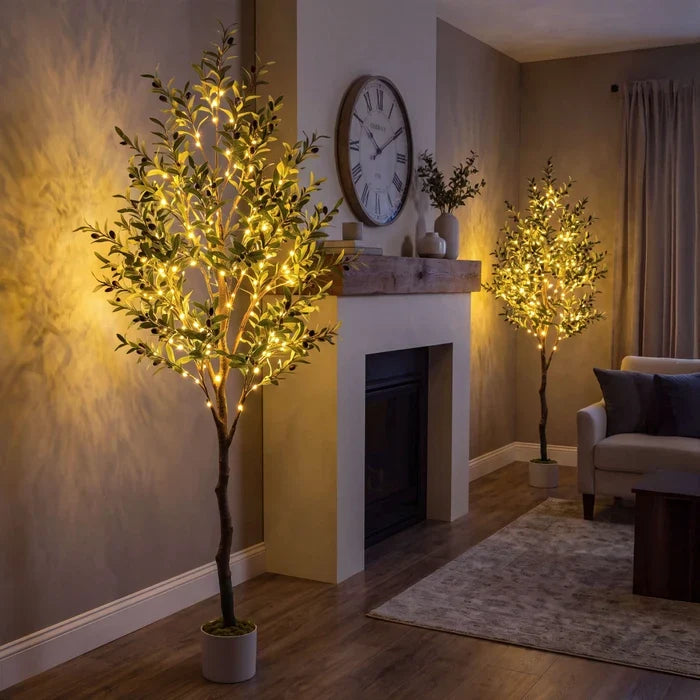 Faux Olive Tree with Lights – Gray-Green Leaves and Twinkling LEDs