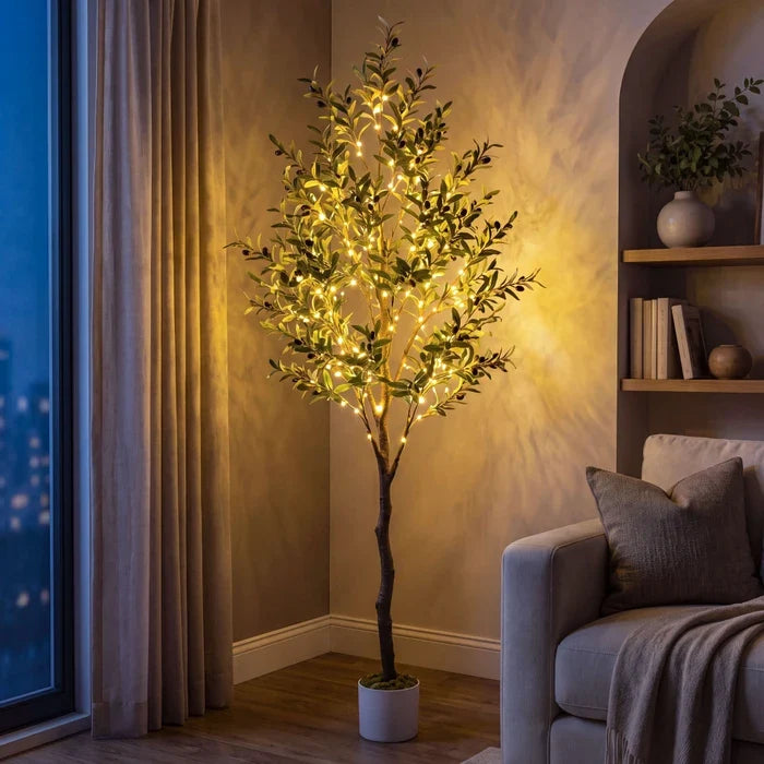Faux Olive Tree with Lights – Gray-Green Leaves and Twinkling LEDs