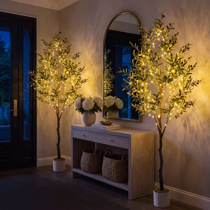 Faux Olive Tree with Lights – Gray-Green Leaves and Twinkling LEDs