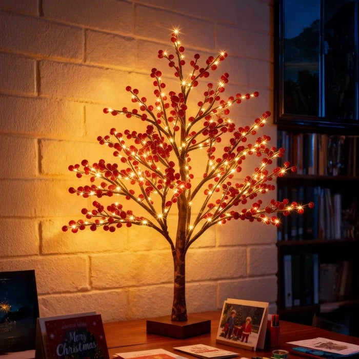 Berry Tree Light – Lit Tabletop Tree with Red Berries and a Soft Warm Glow
