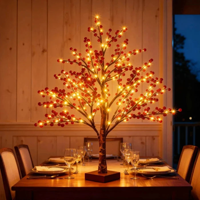 Berry Tree Light – Lit Tabletop Tree with Red Berries and a Soft Warm Glow