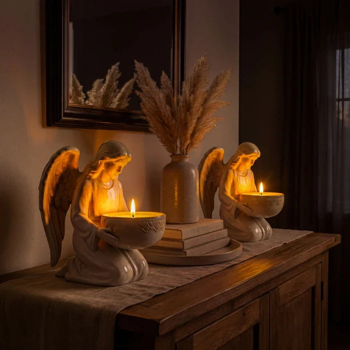 Angel Figurine Candle Stand – Sculpted Statue with a Glossy Wrap-Around Cradle
