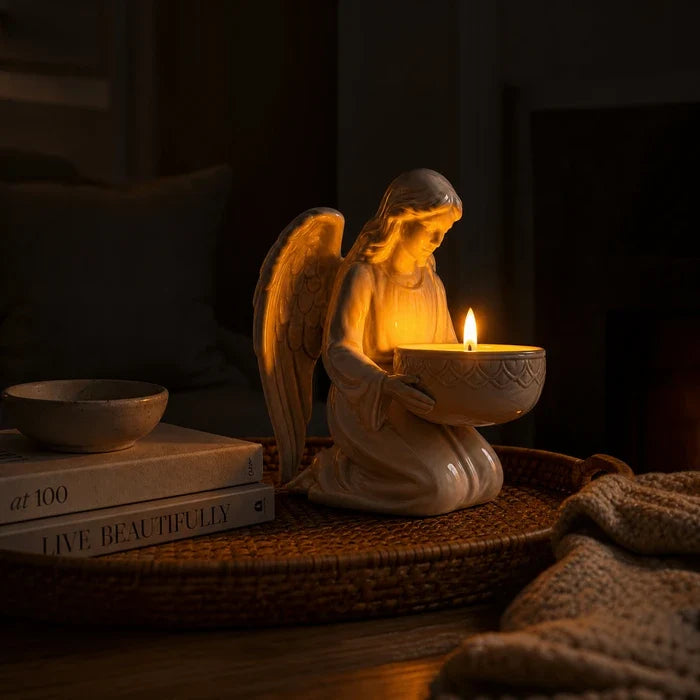 Angel Figurine Candle Stand – Sculpted Statue with a Glossy Wrap-Around Cradle