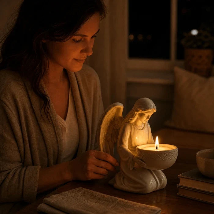 Angel Figurine Candle Stand – Sculpted Statue with a Glossy Wrap-Around Cradle