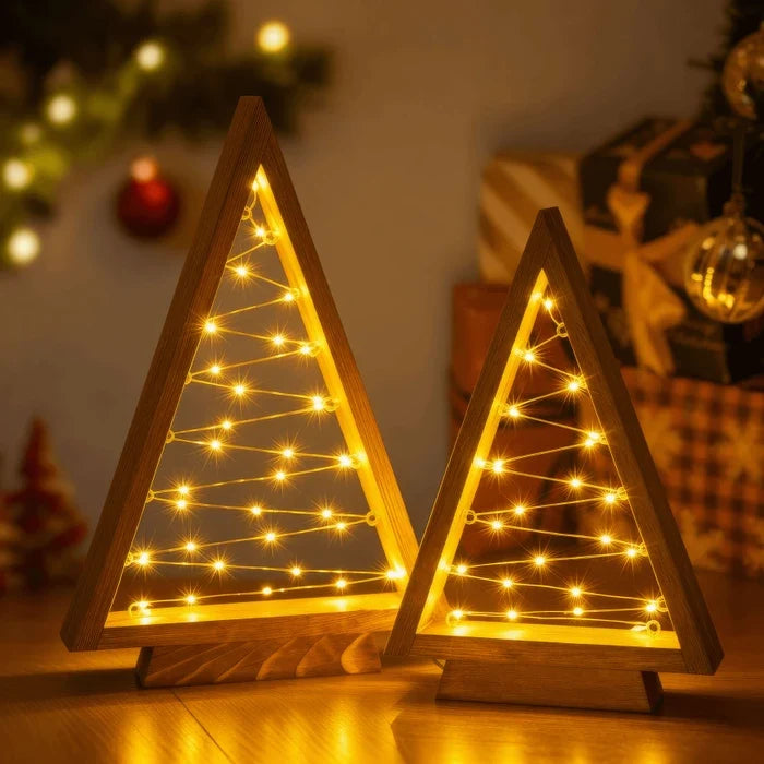 Light-Up Wooden Christmas Tree Set – Minimal Triangles with Star String Lights