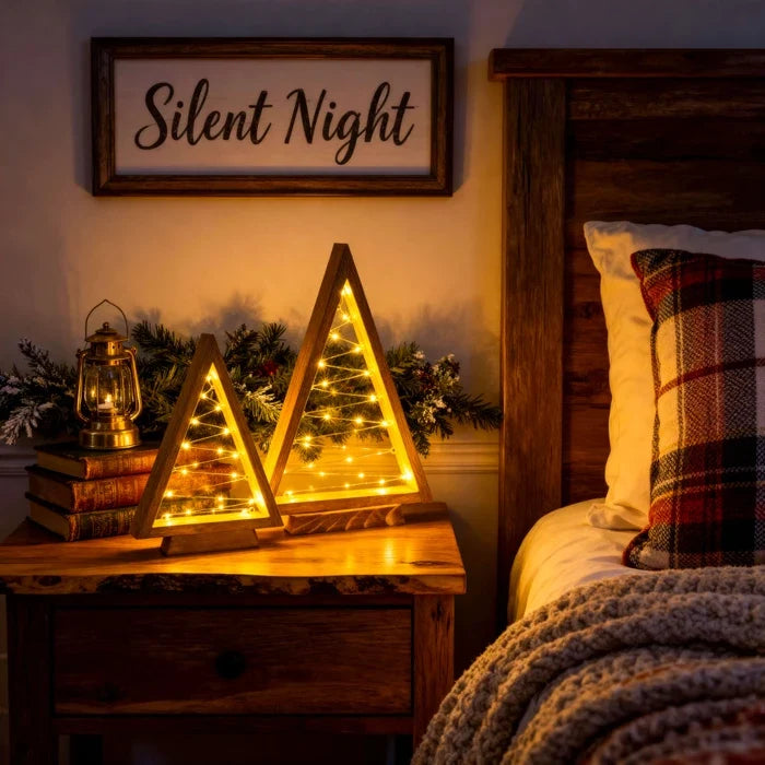 Light-Up Wooden Christmas Tree Set – Minimal Triangles with Star String Lights