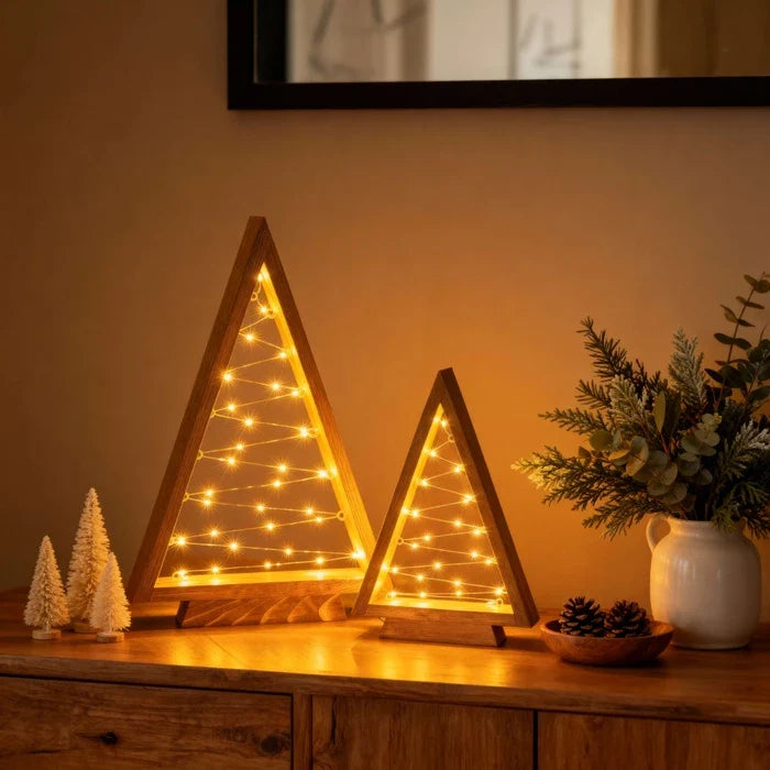 Light-Up Wooden Christmas Tree Set – Minimal Triangles with Star String Lights