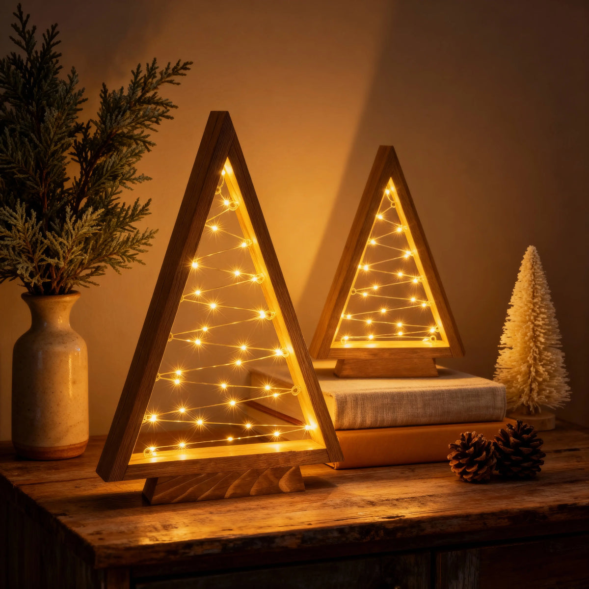 Light-Up Wooden Christmas Tree Set – Minimal Triangles with Star String Lights