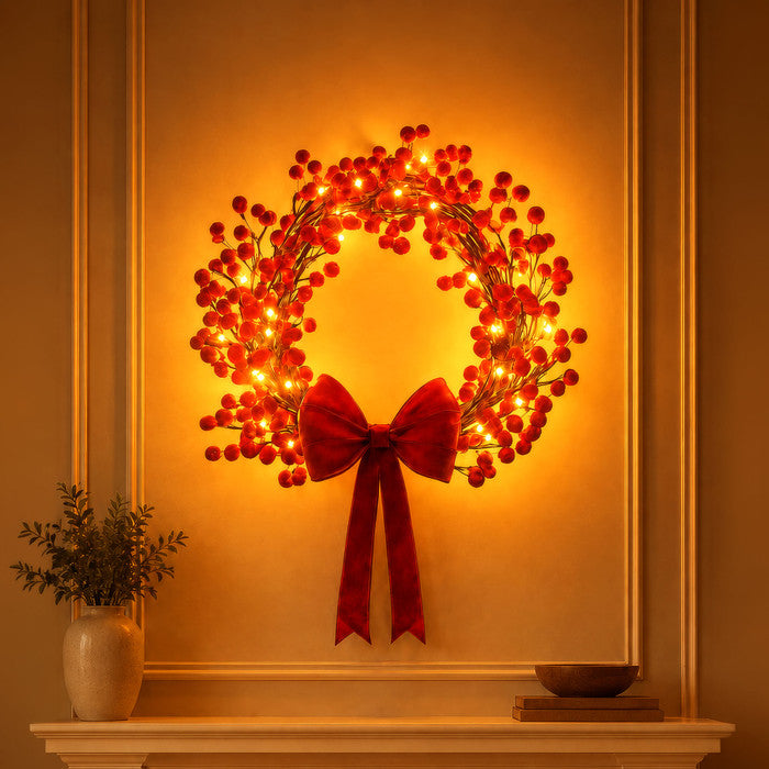 Christmas Wreath With Lights – Red Holly Berries and Warm Champagne Fairy Lights