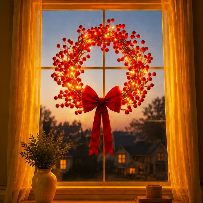 Christmas Wreath With Lights – Red Holly Berries and Warm Champagne Fairy Lights