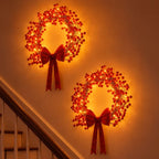 Christmas Wreath With Lights – Red Holly Berries and Warm Champagne Fairy Lights