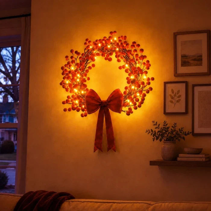 Christmas Wreath With Lights – Red Holly Berries and Warm Champagne Fairy Lights