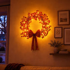 Christmas Wreath With Lights – Red Holly Berries and Warm Champagne Fairy Lights