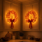 Christmas Wreath With Lights – Red Holly Berries and Warm Champagne Fairy Lights