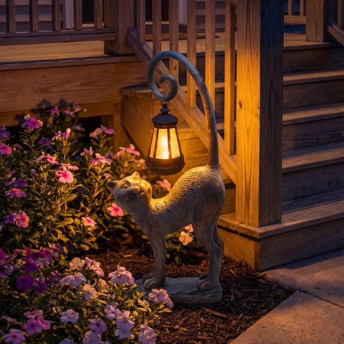 Solar Cat Garden Ornament – Weatherproof Lantern Figure for Beds and Front Steps
